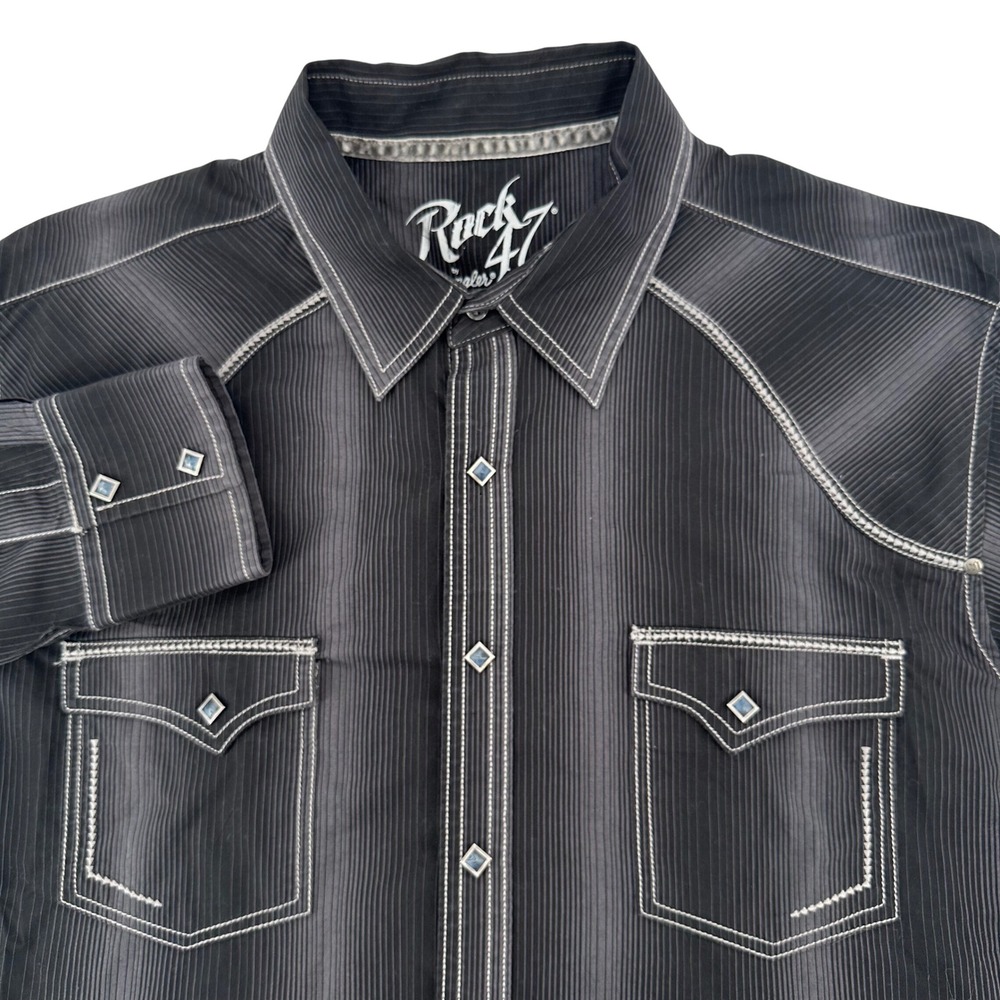 Rock 47 Wrangler Mens Black Pinstripe Western Snap Shirt Steer Skull MRC250X L